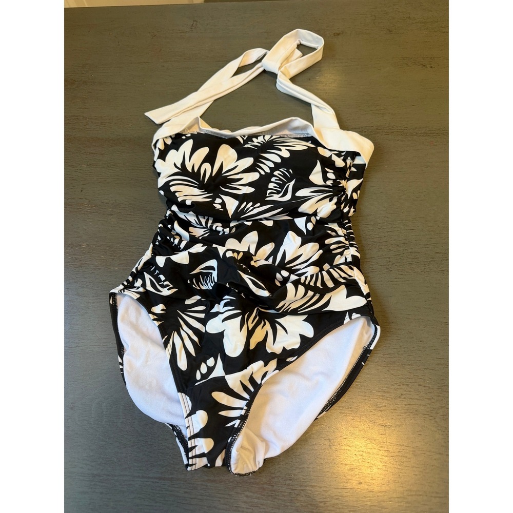 Lauren Ralph Lauren Black White Floral Halter One Piece Swimsuit Size 6